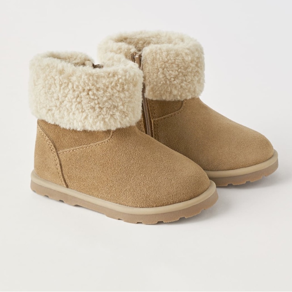 Zara Beige Leather Boots with Shearling Detail